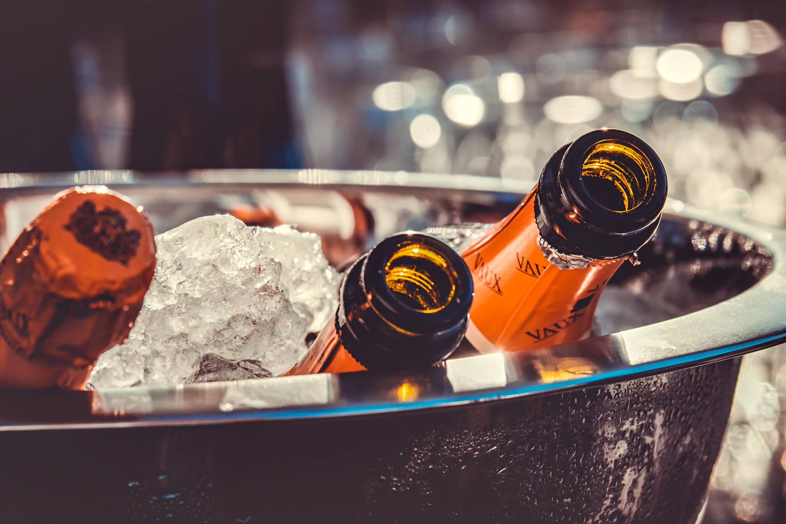 champagne, champagne bottles, ice
